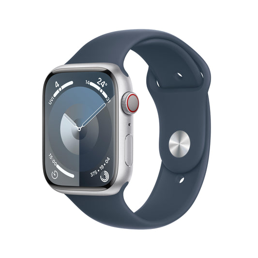 Apple Watch Series 9 GPS + Cellular 45mm Silver Aluminium Case with Storm Blue Sport Band - M/L