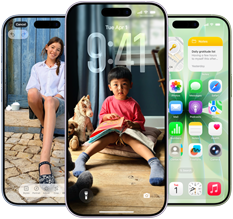 iPhone 17, exterior front, Dynamic Island centered near top, three colors:Mist Blue, Lavender, Sage