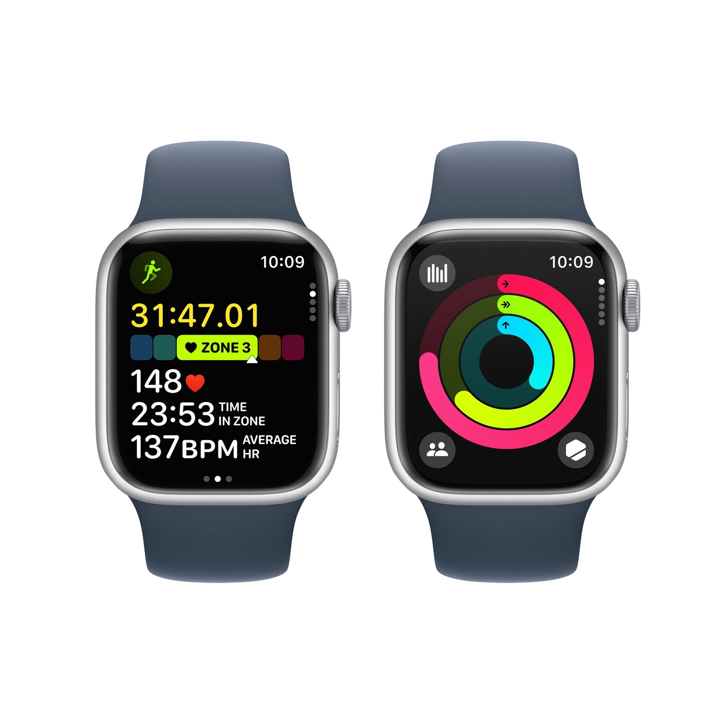 Apple Watch Series 9 GPS + Cellular 41mm Silver Aluminium Case with Storm Blue Sport Band - M/L