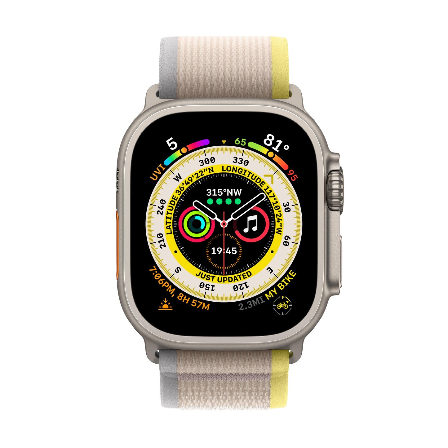 Apple Watch Ultra GPS + Cellular, 49mm Titanium Case with Yellow/Beige Trail Loop - S/M