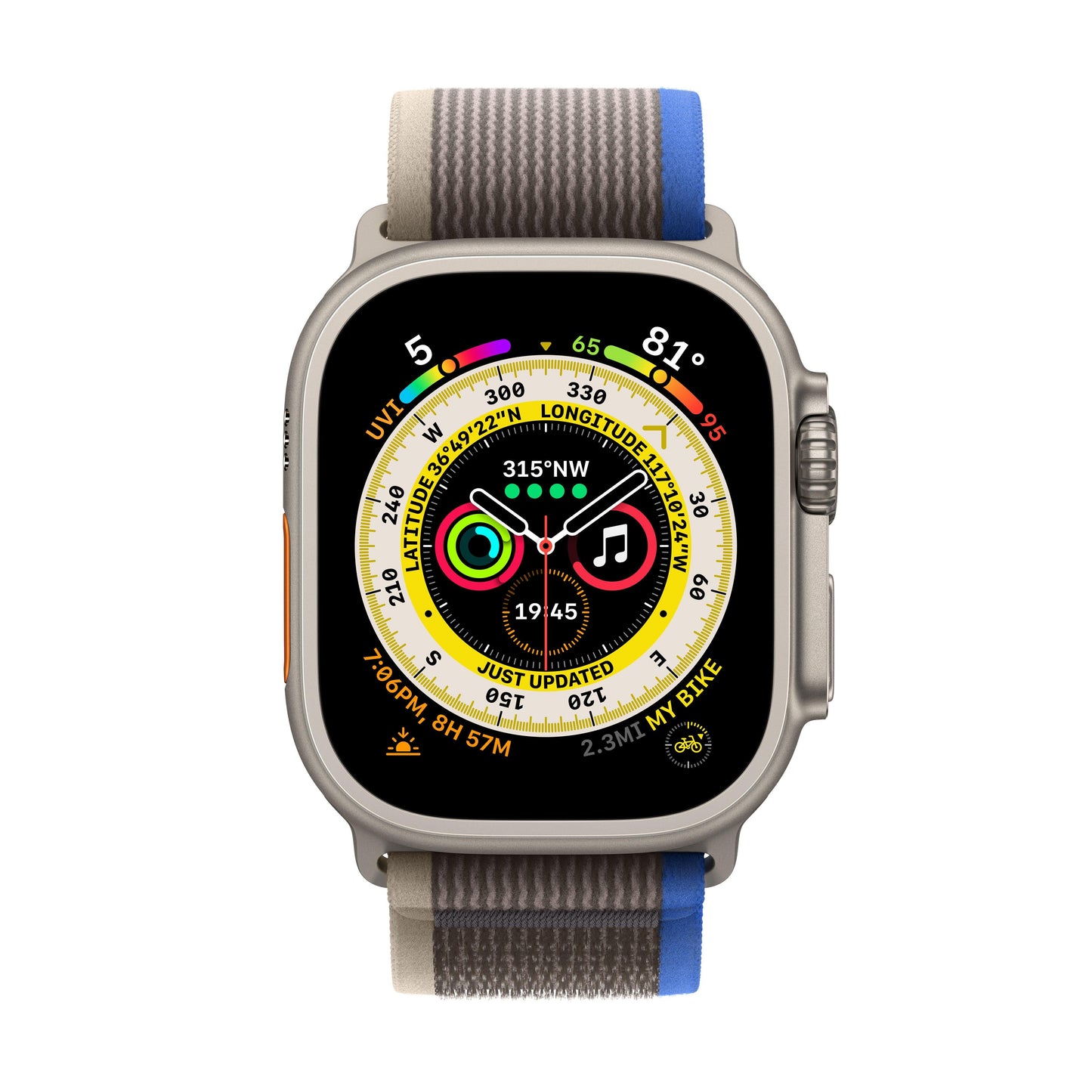 Apple Watch Ultra GPS + Cellular, 49mm Titanium Case with Blue/Grey Trail Loop - M/L